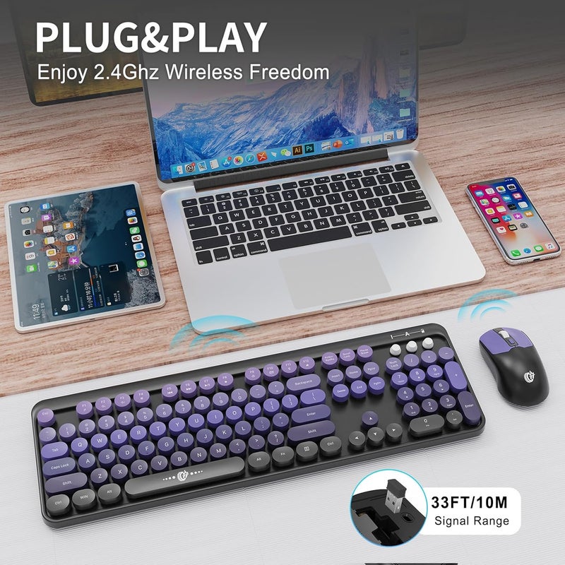 FD Wireless Keyboard and Mouse Combo | Cute Colorful Keyboard and Mouse with 2.4GHz Cordless Retro Typewriter Keyboard | Auto-Sleep | USB Receiver for Windows PC/Laptop - Black Purple Gradient - Image 2